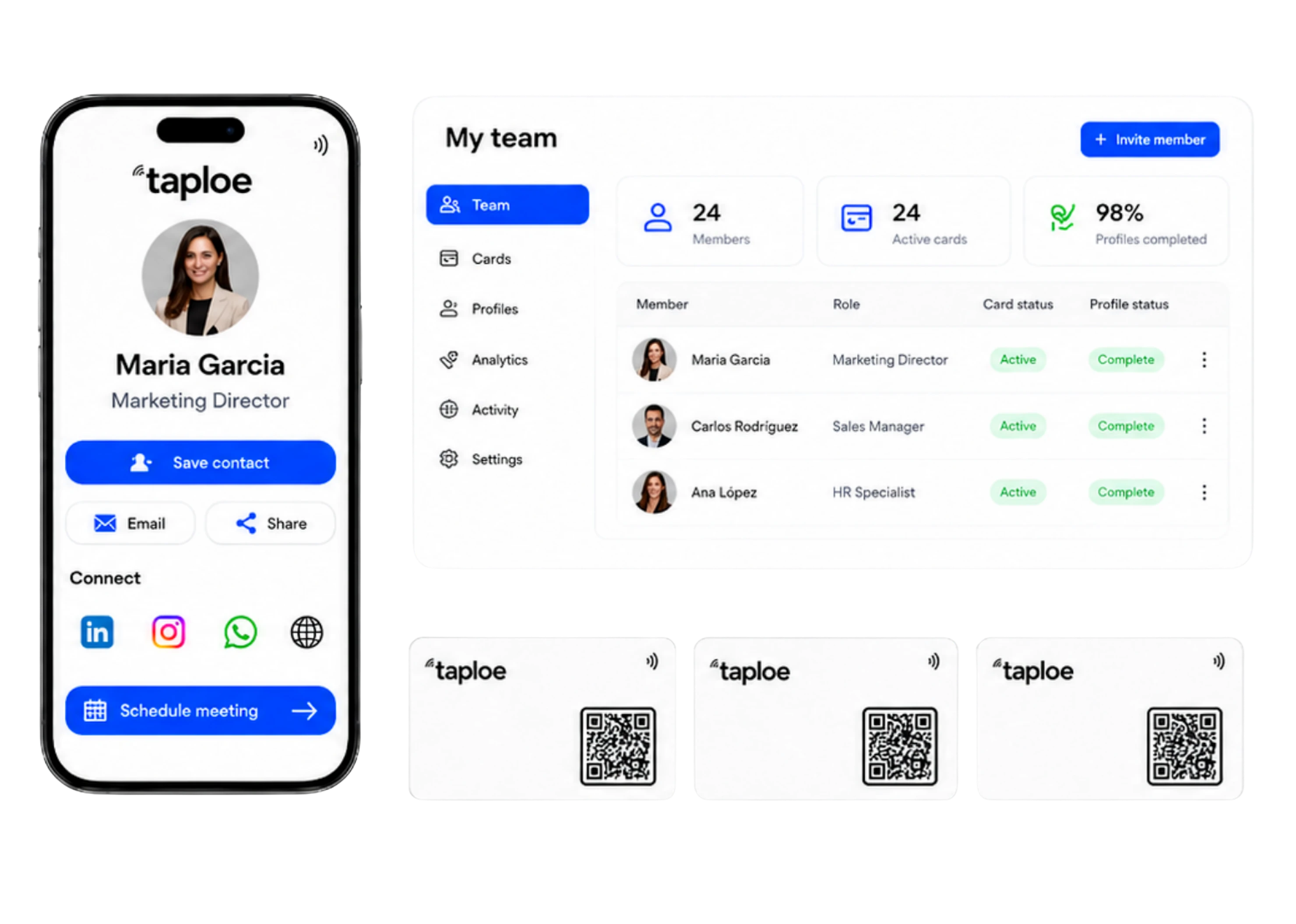 Team dashboard, mobile profile and several NFC cards
