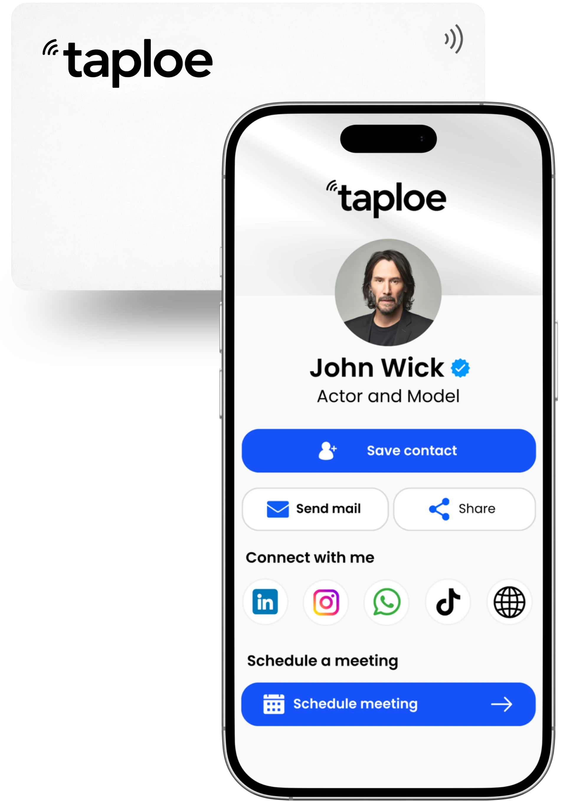 Taploe card and digital profile shown on a phone