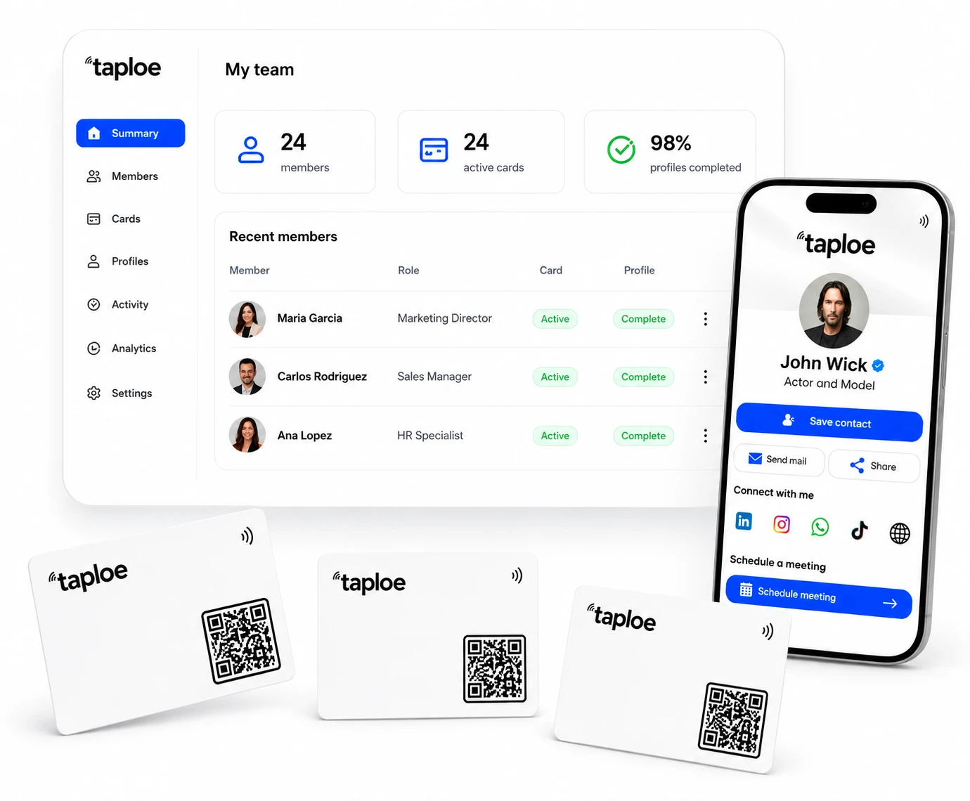 Panel de administración de Taploe, perfil móvil y tarjetas NFC para un equipo