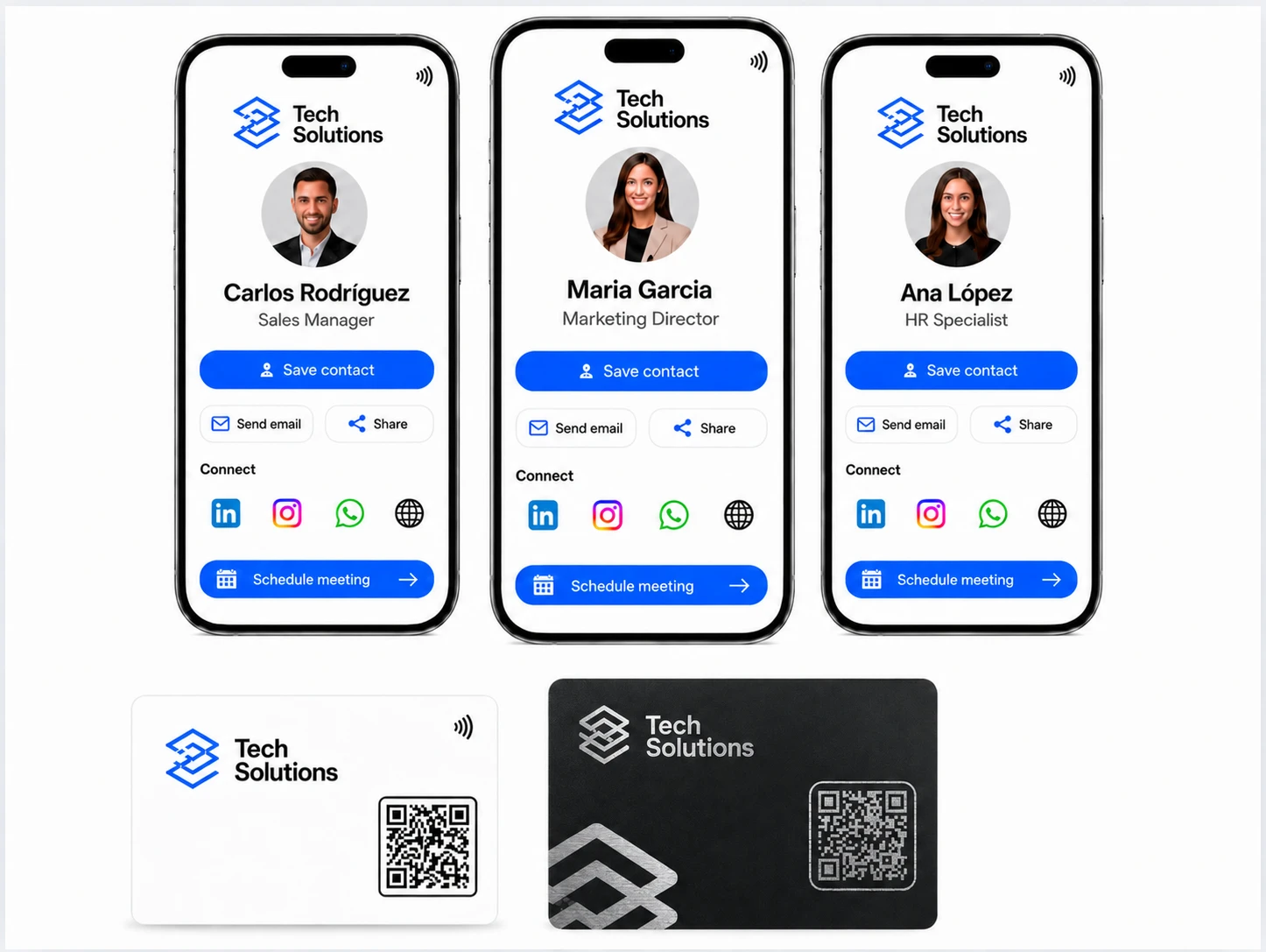 Three profiles, a white card, a metal card and a mobile version with the same visual identity