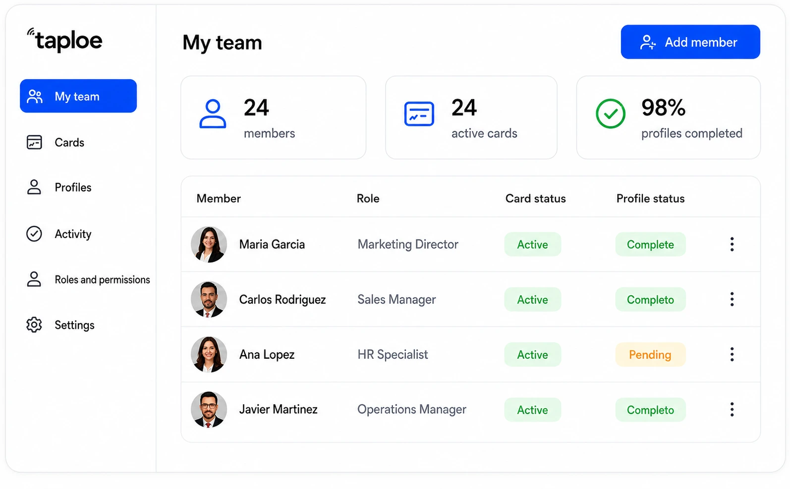 Taploe for teams dashboard